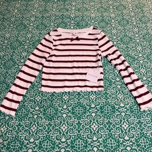 Btween Girls Size 7 Striped Ribbed Long Sleeve Top Burgundy White Lettuce Edge